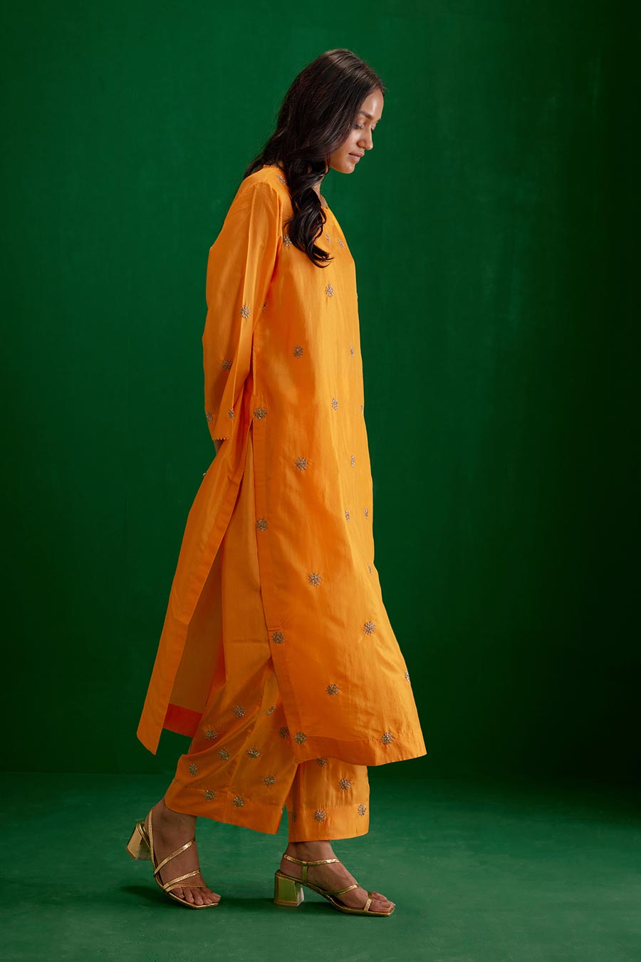 Marigold Silk Embroidered Kurta & Pant Set