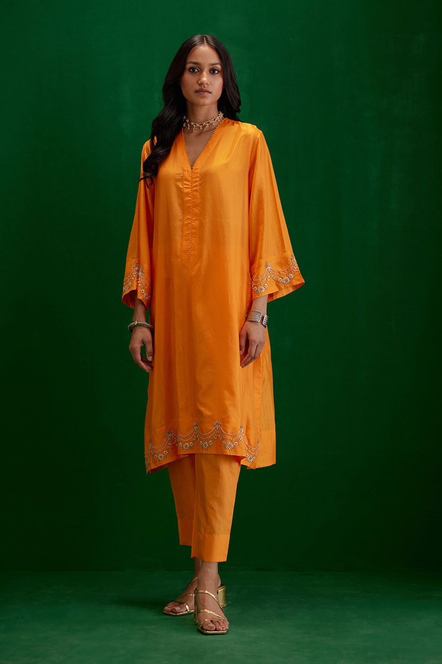 Marigold Silk Embroidered Kurta & Pant Set