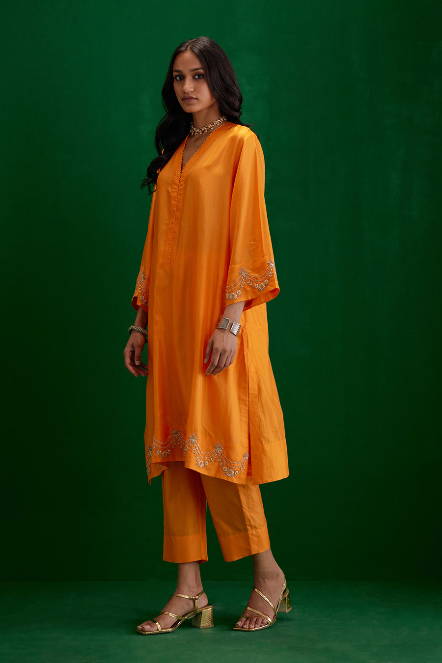 Marigold Silk Embroidered Kurta & Pant Set