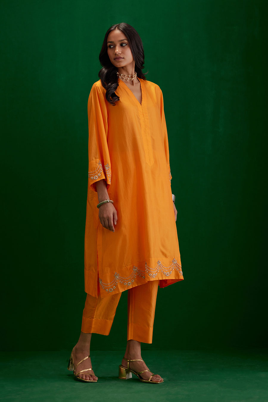 Marigold Silk Embroidered Kurta & Pant Set