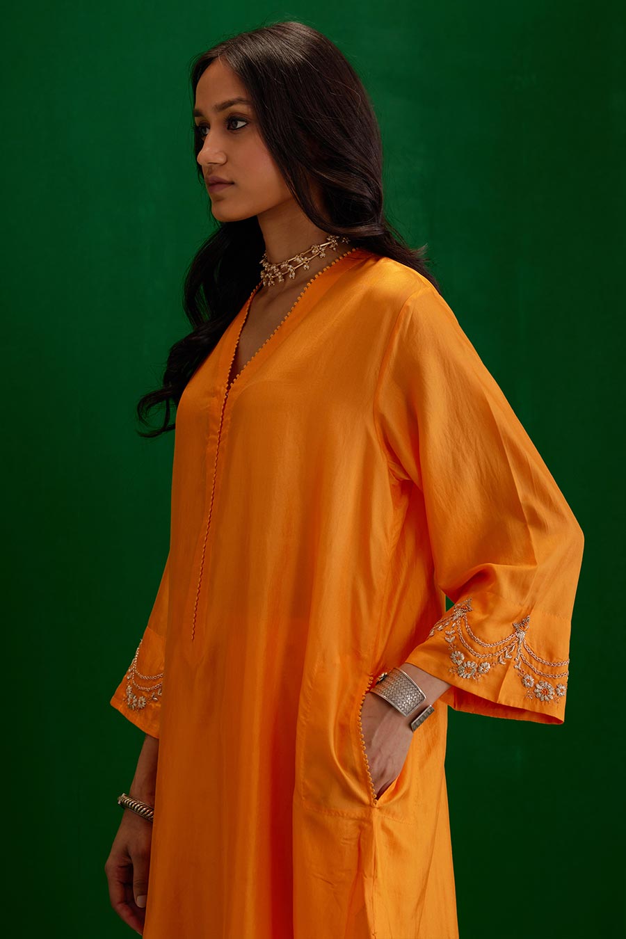 Marigold Silk Embroidered Kurta & Pant Set