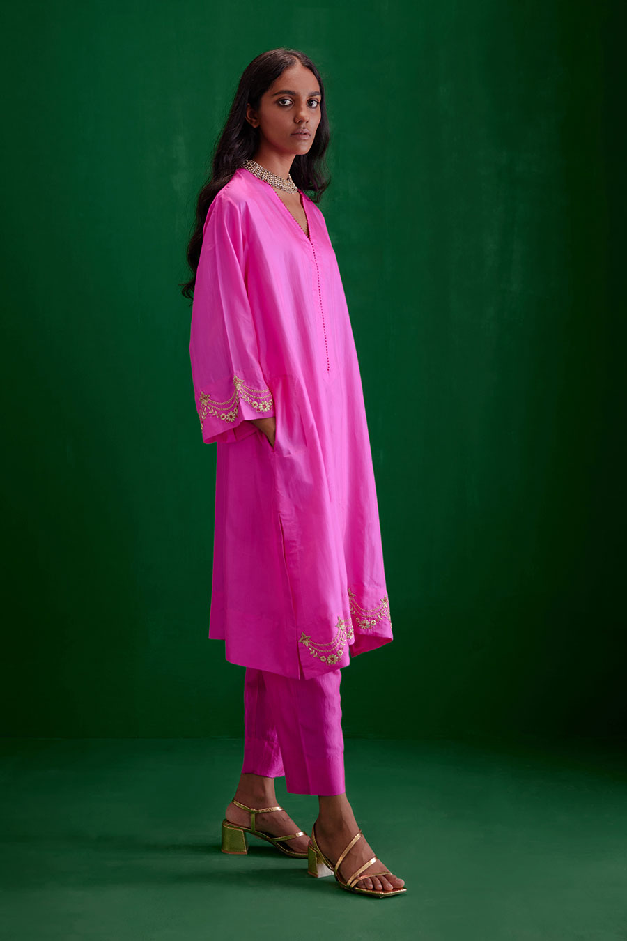 Rose Pink Silk Embroidered Kurta & Pant Set