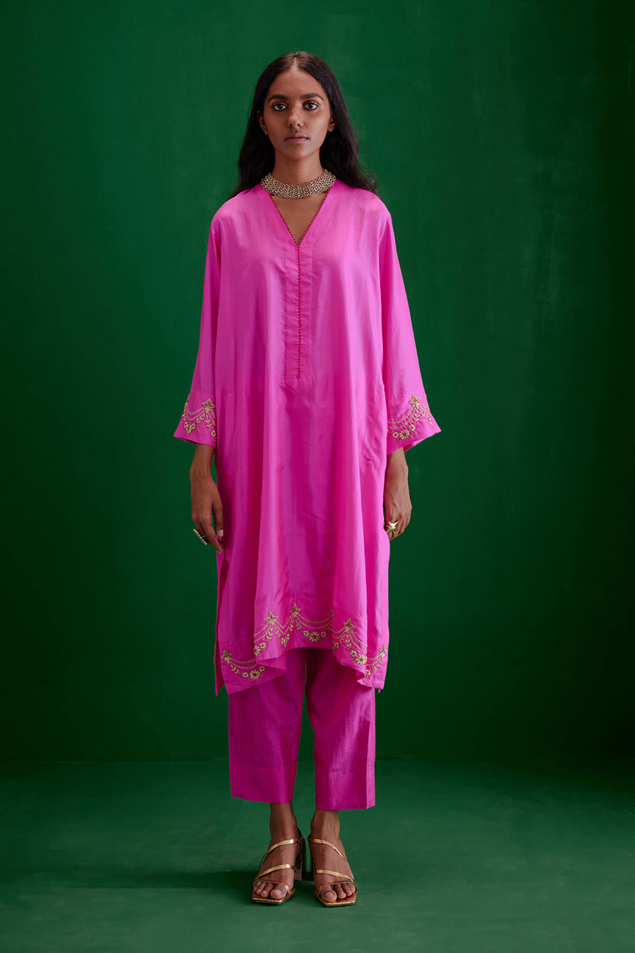 Rose Pink Silk Embroidered Kurta & Pant Set