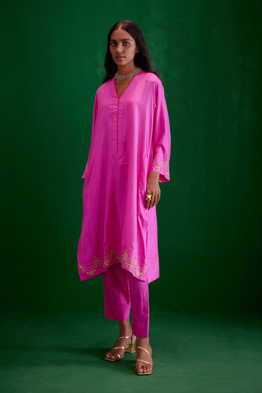 Rose Pink Silk Embroidered Kurta & Pant Set