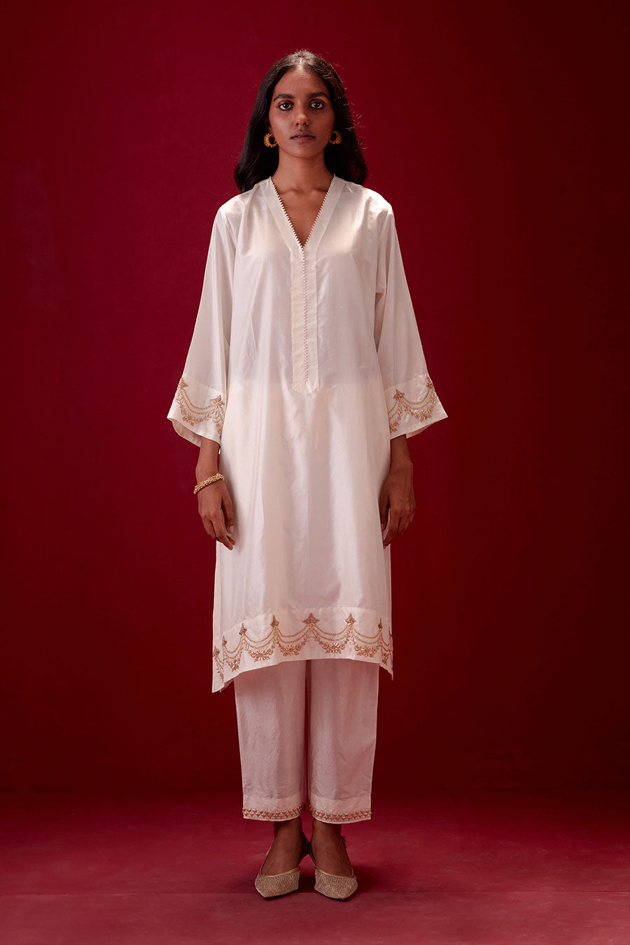 Ivory Silk Embroidered Kurta & Pant Set