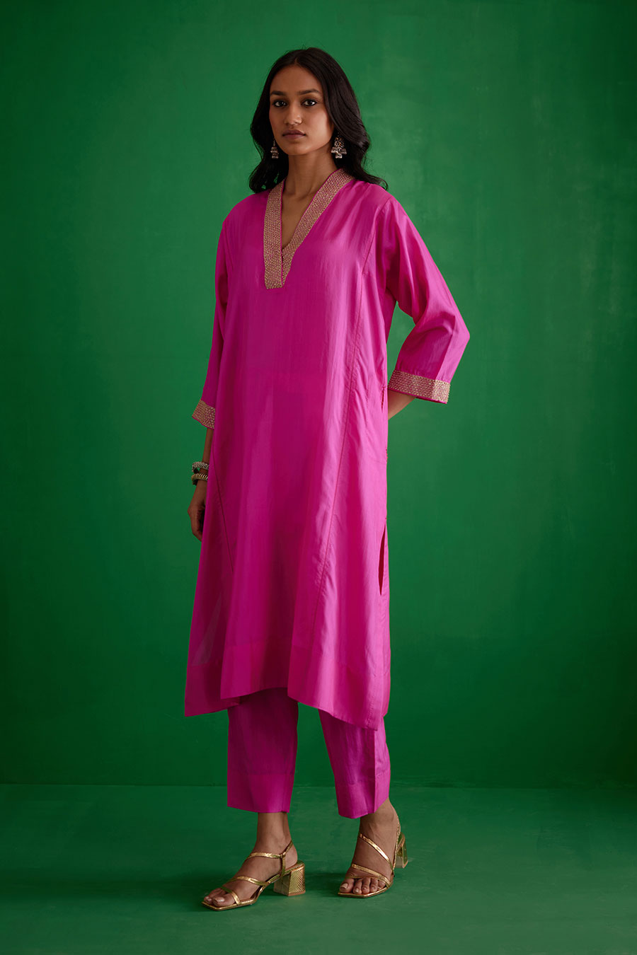 Rose Pink Silk Embroidered Kurta & Pant Set