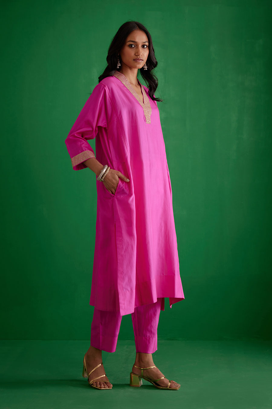 Rose Pink Silk Embroidered Kurta & Pant Set