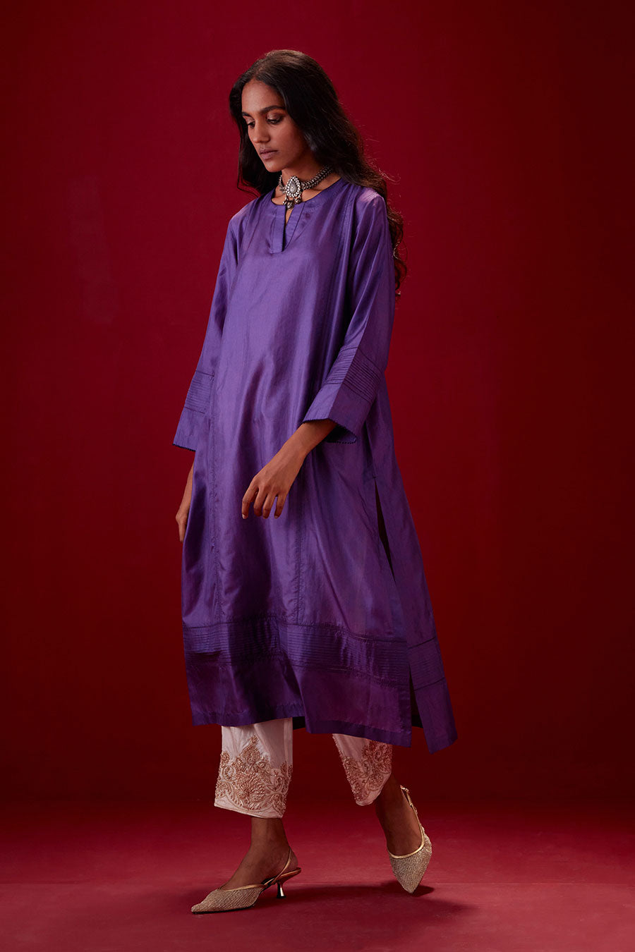 Grape Silk Embroidered Kurta & Pant Set