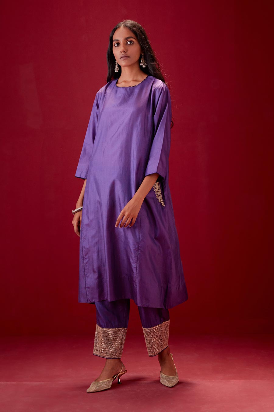 Grape Silk Embroidered Kurta & Pant Set