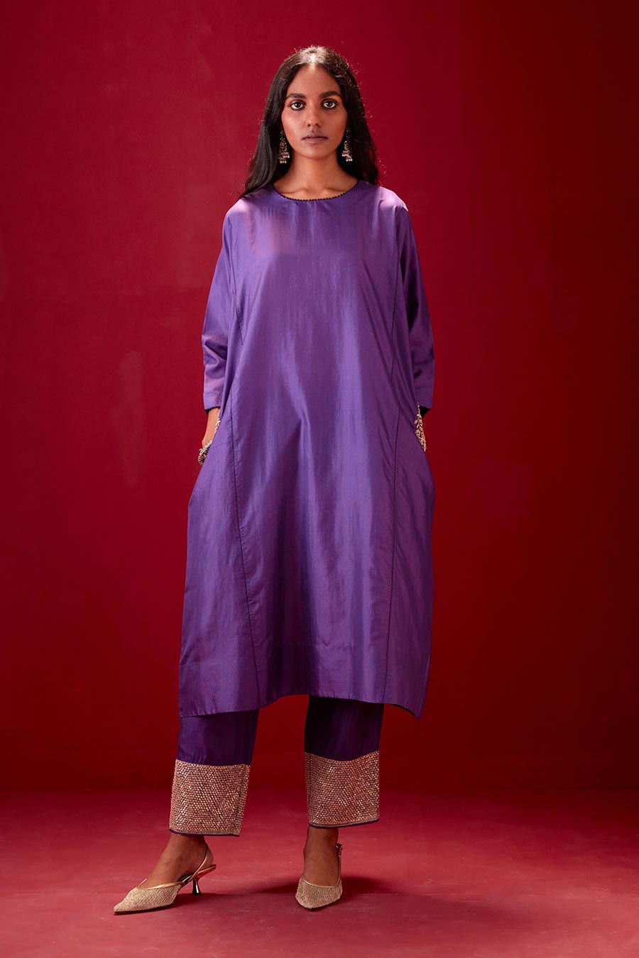 Grape Silk Embroidered Kurta & Pant Set