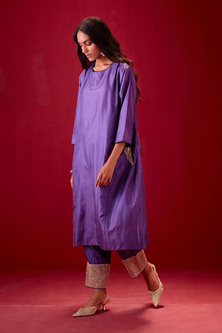 Grape Silk Embroidered Kurta & Pant Set