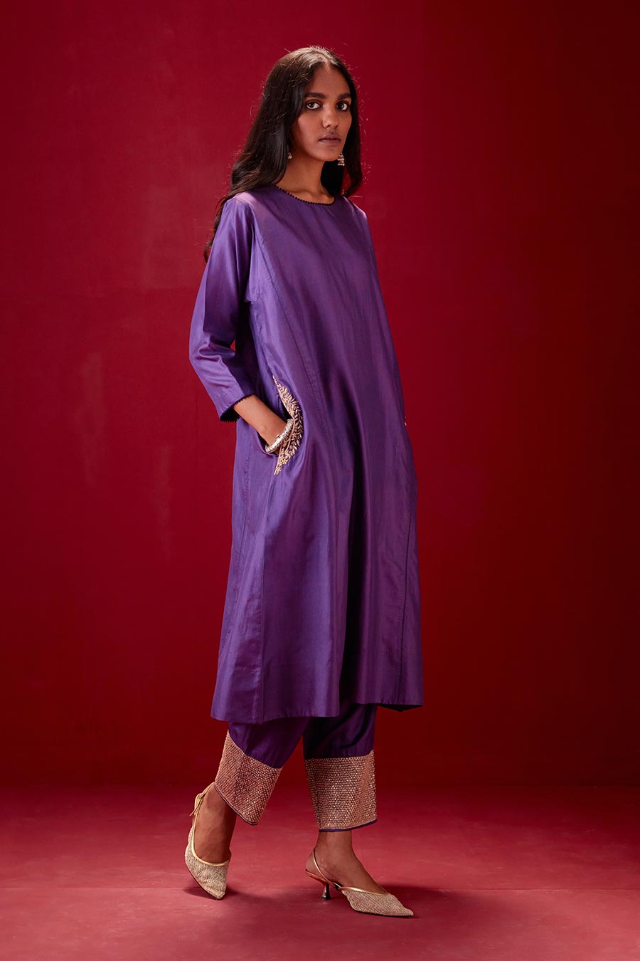 Grape Silk Embroidered Kurta & Pant Set