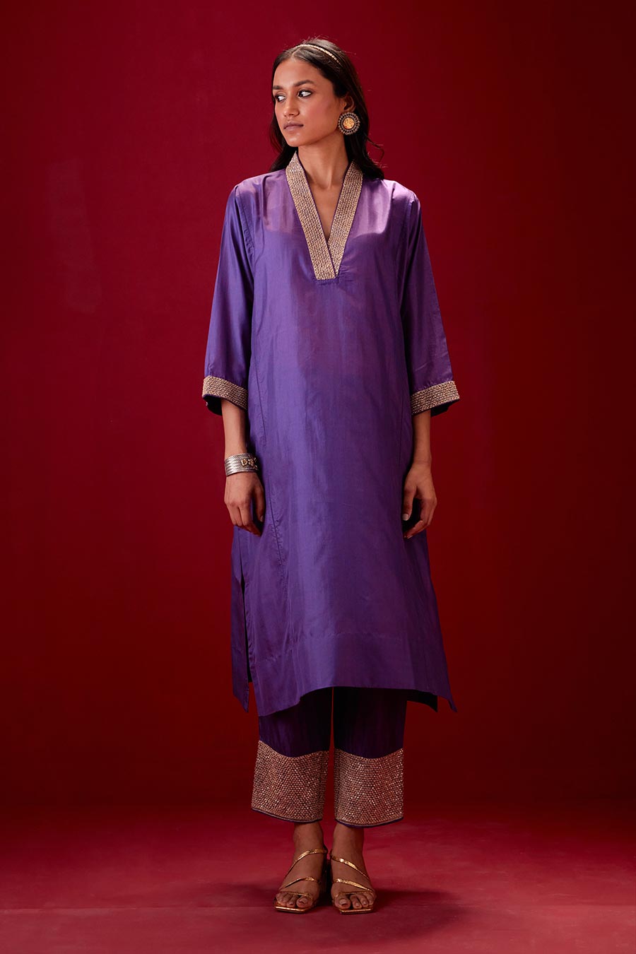 Grape Silk Embroidered Kurta & Pant Set