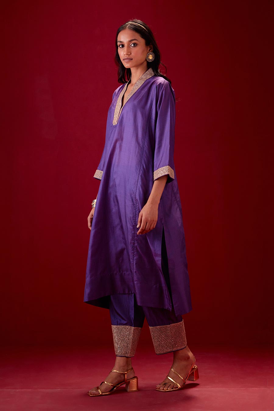 Grape Silk Embroidered Kurta & Pant Set