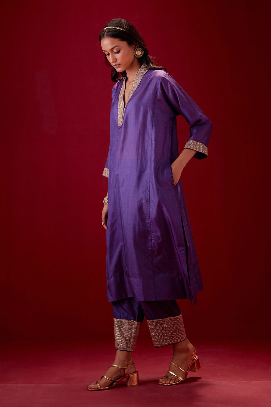 Grape Silk Embroidered Kurta & Pant Set