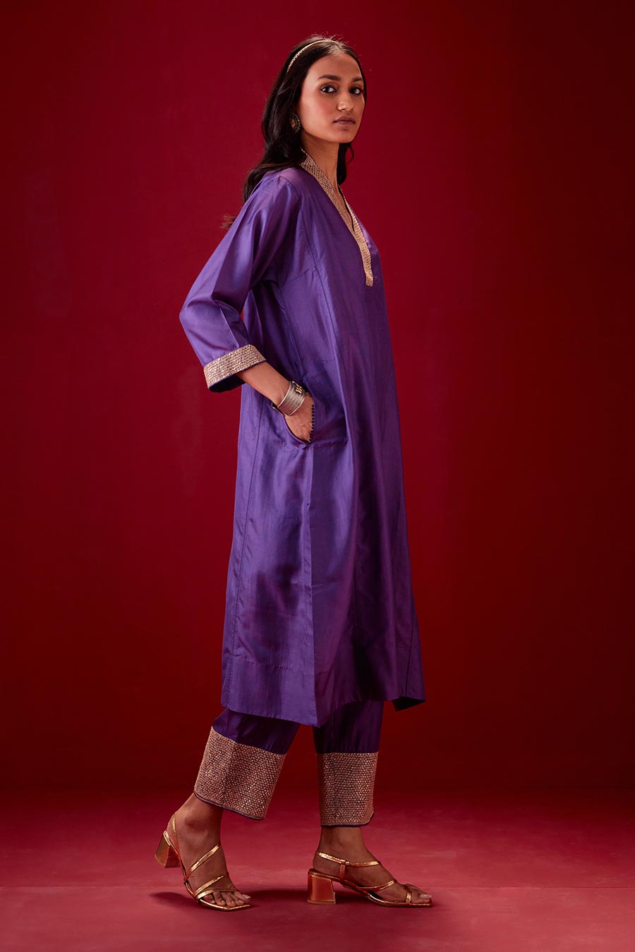 Grape Silk Embroidered Kurta & Pant Set