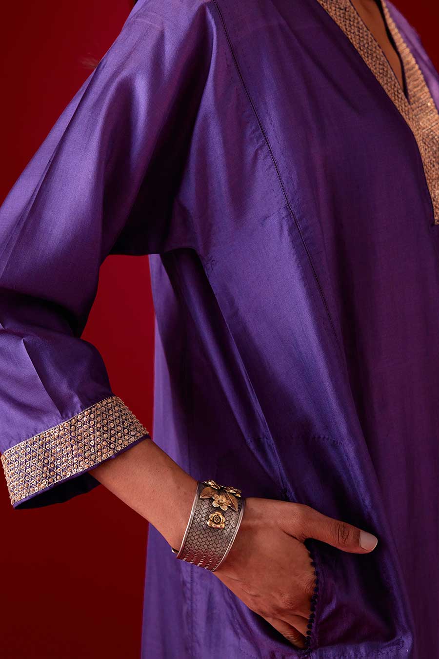 Grape Silk Embroidered Kurta & Pant Set