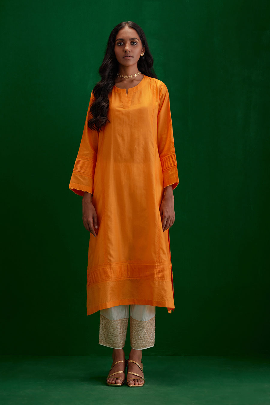 Marigold Silk Embroidered Kurta & Pant Set