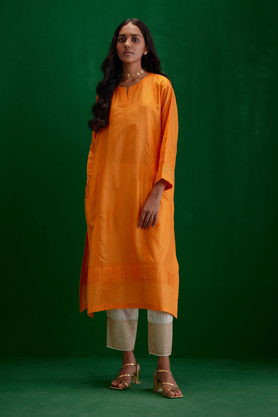 Marigold Silk Embroidered Kurta & Pant Set