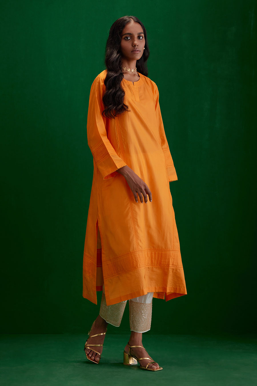 Marigold Silk Embroidered Kurta & Pant Set