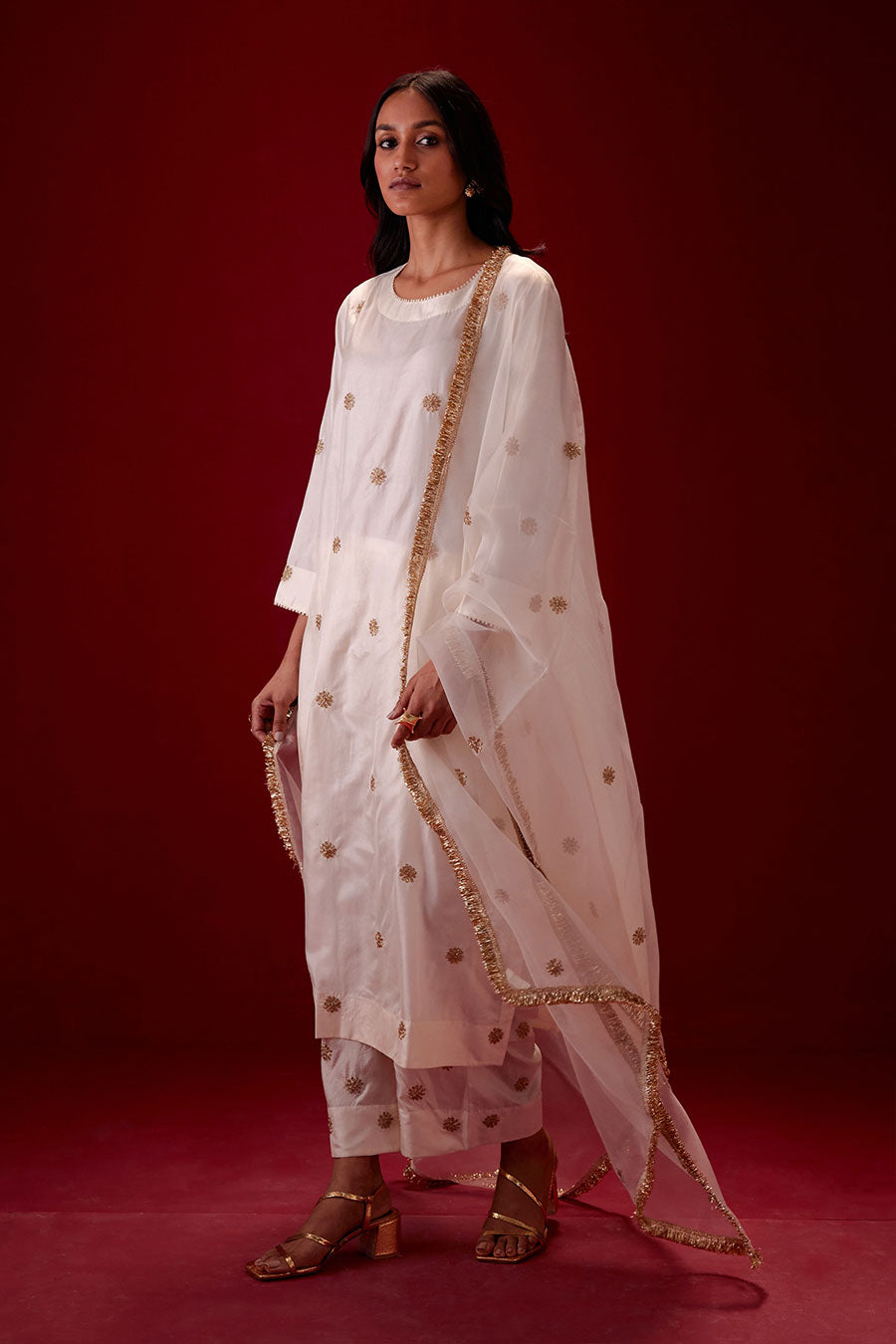 Ivory Silk Organza Embroidered Dupatta