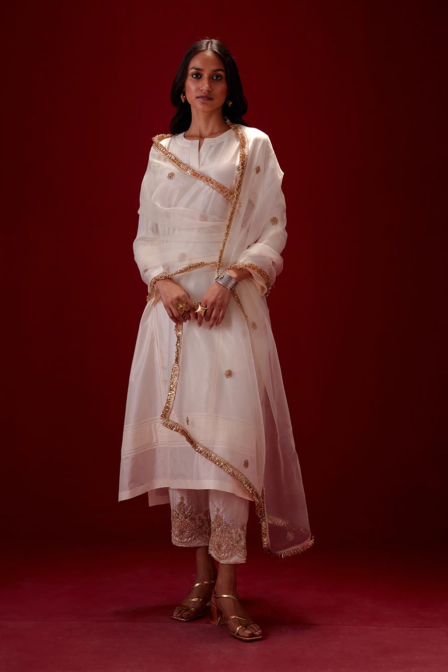 Ivory Silk Organza Embroidered Dupatta