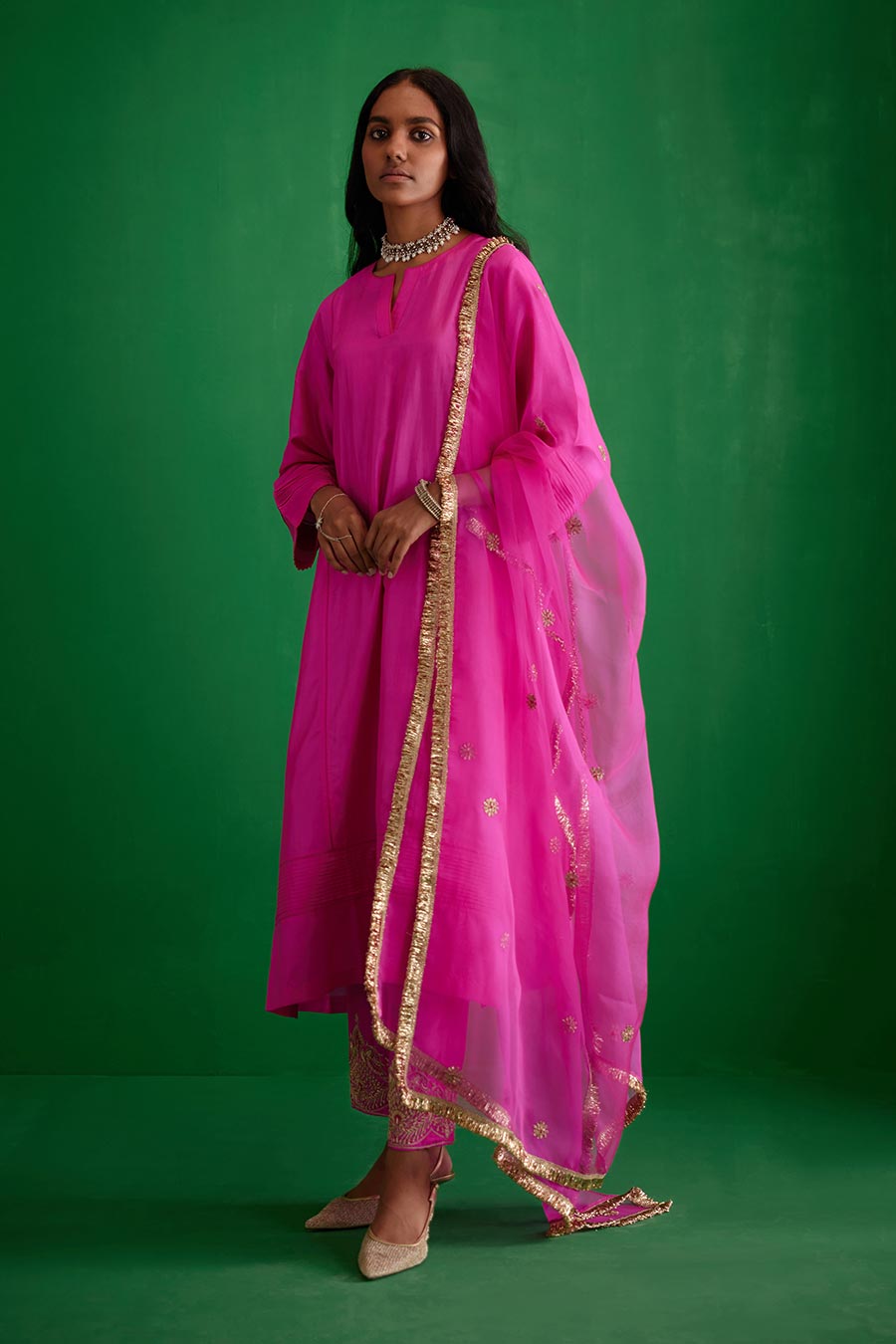 Rose Pink Silk Organza Embroidered Dupatta