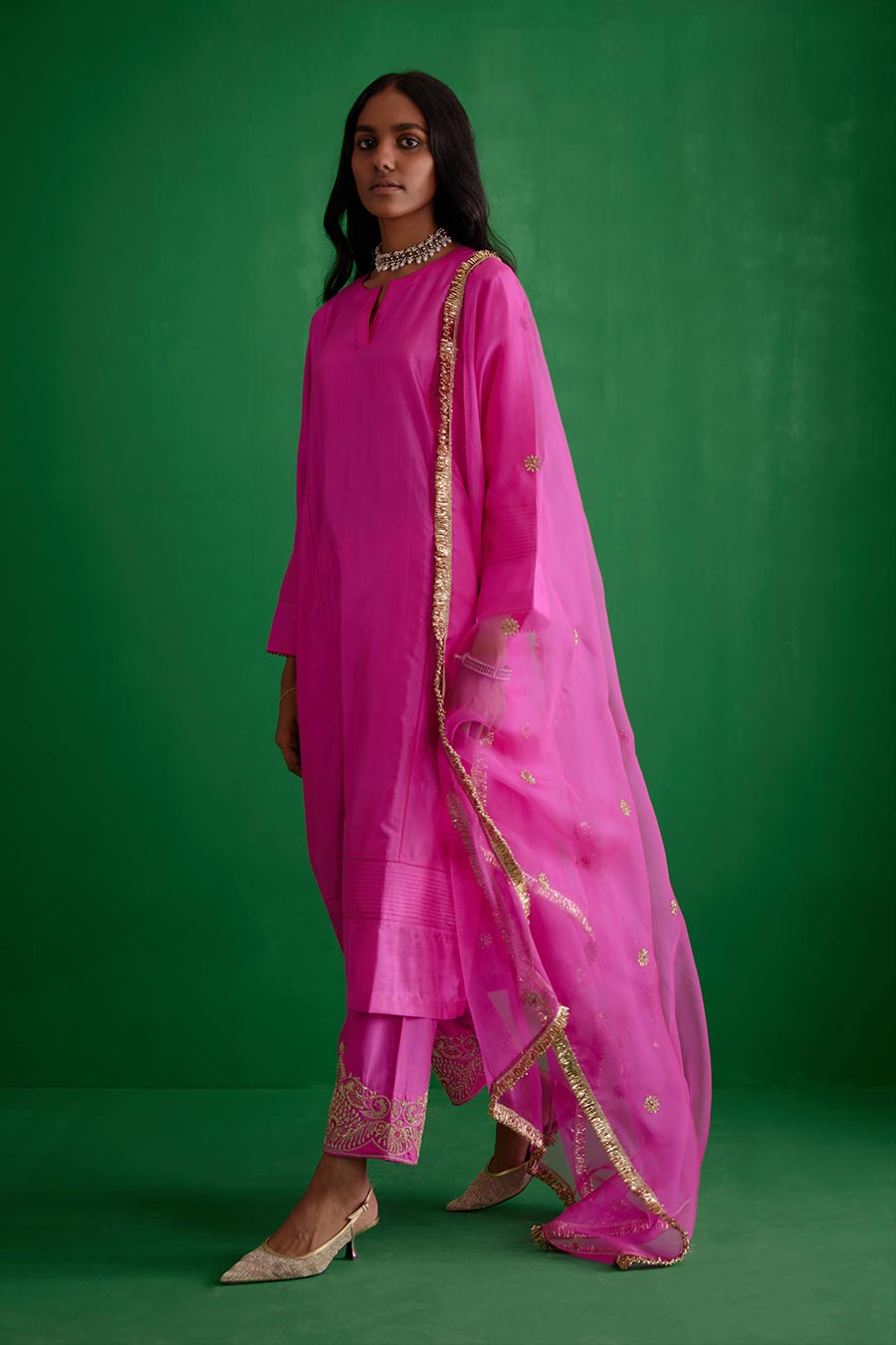 Rose Pink Silk Organza Embroidered Dupatta