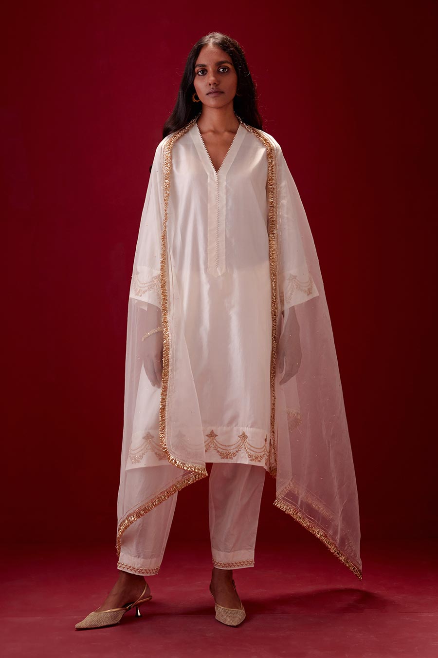 Ivory Silk Organza Embroidered Dupatta