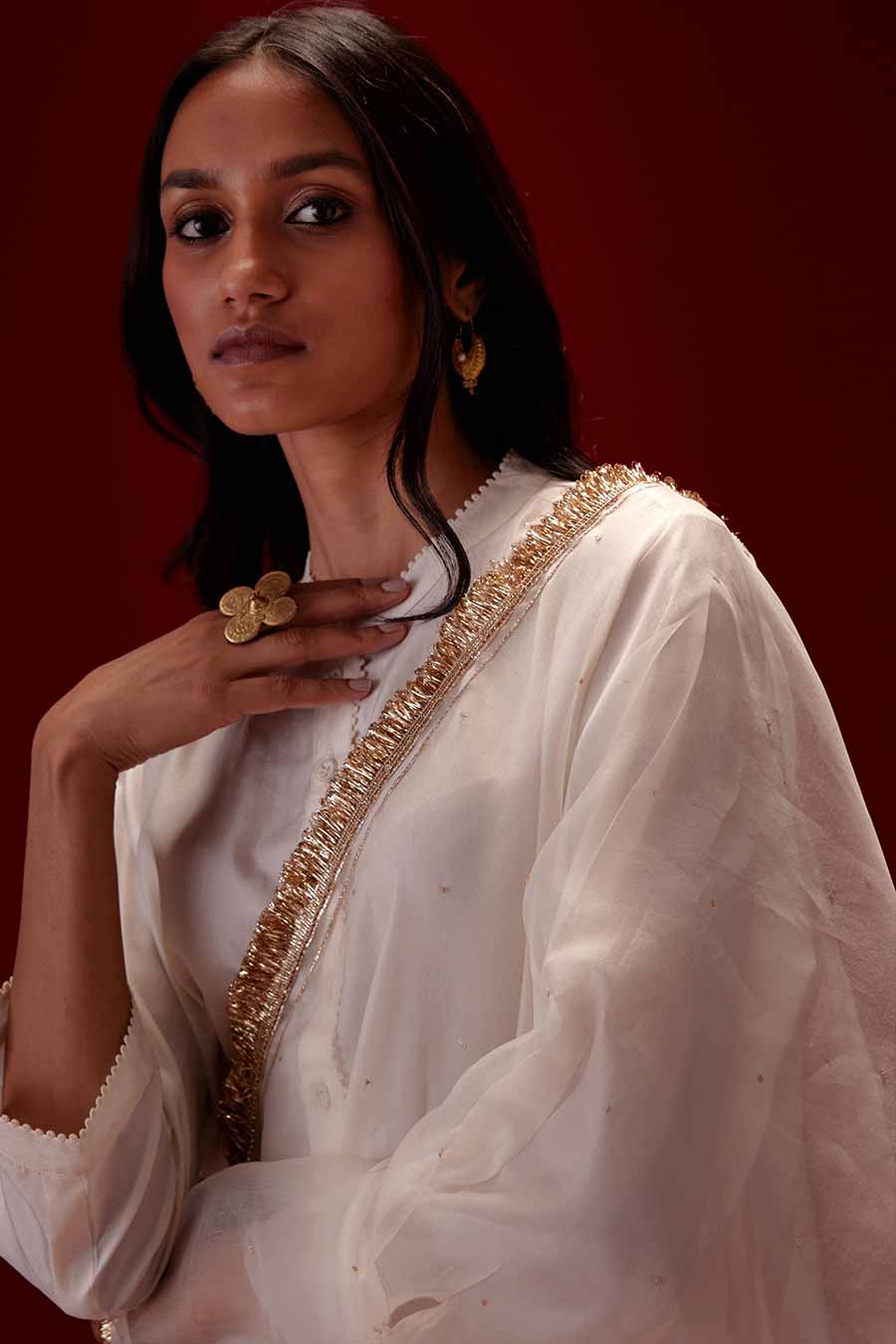 Ivory Silk Organza Embroidered Dupatta