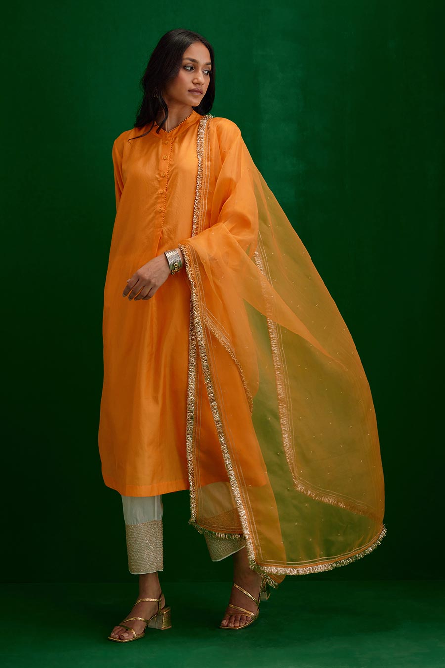 Marigold Silk Organza Embroidered Dupatta