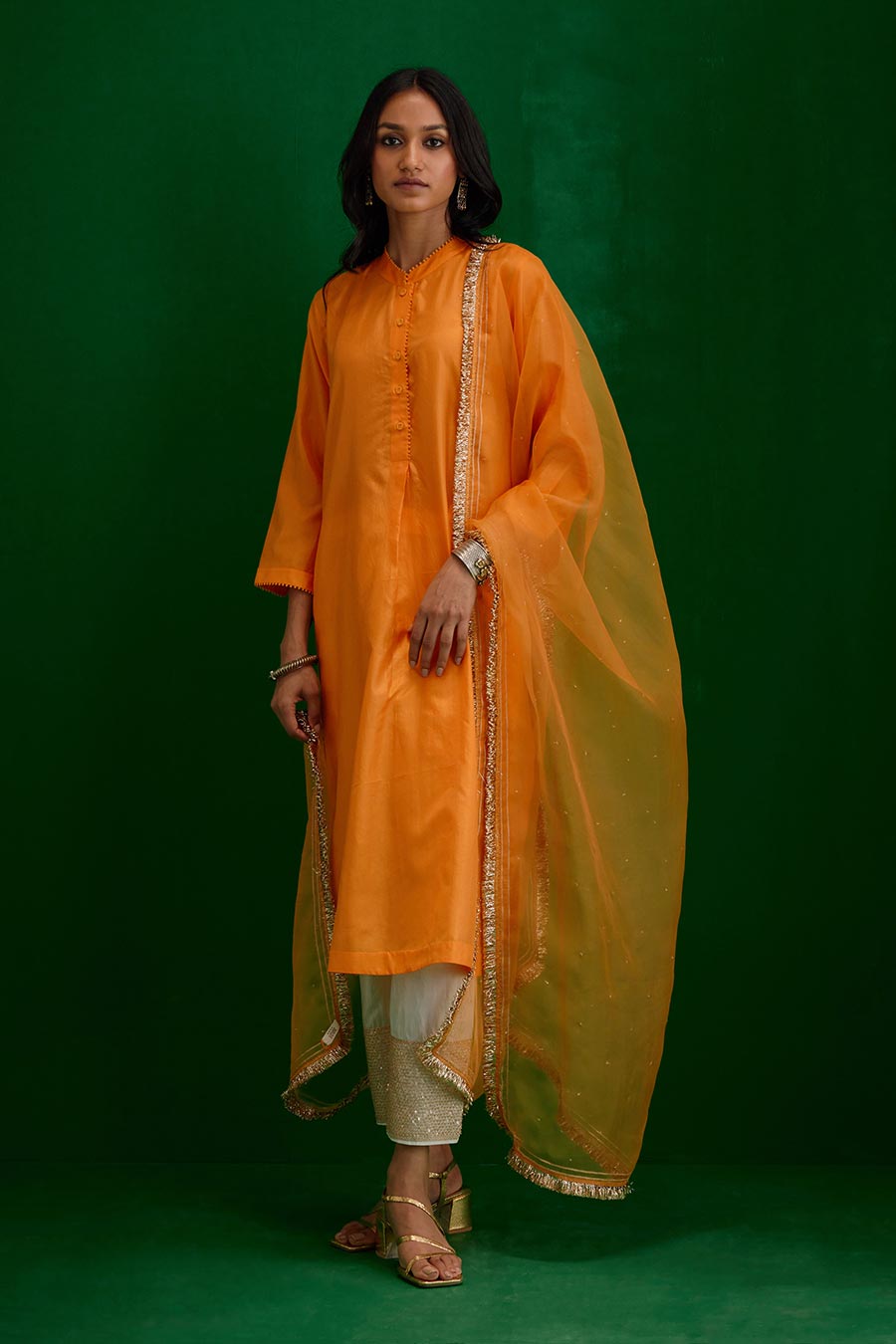 Marigold Silk Organza Embroidered Dupatta