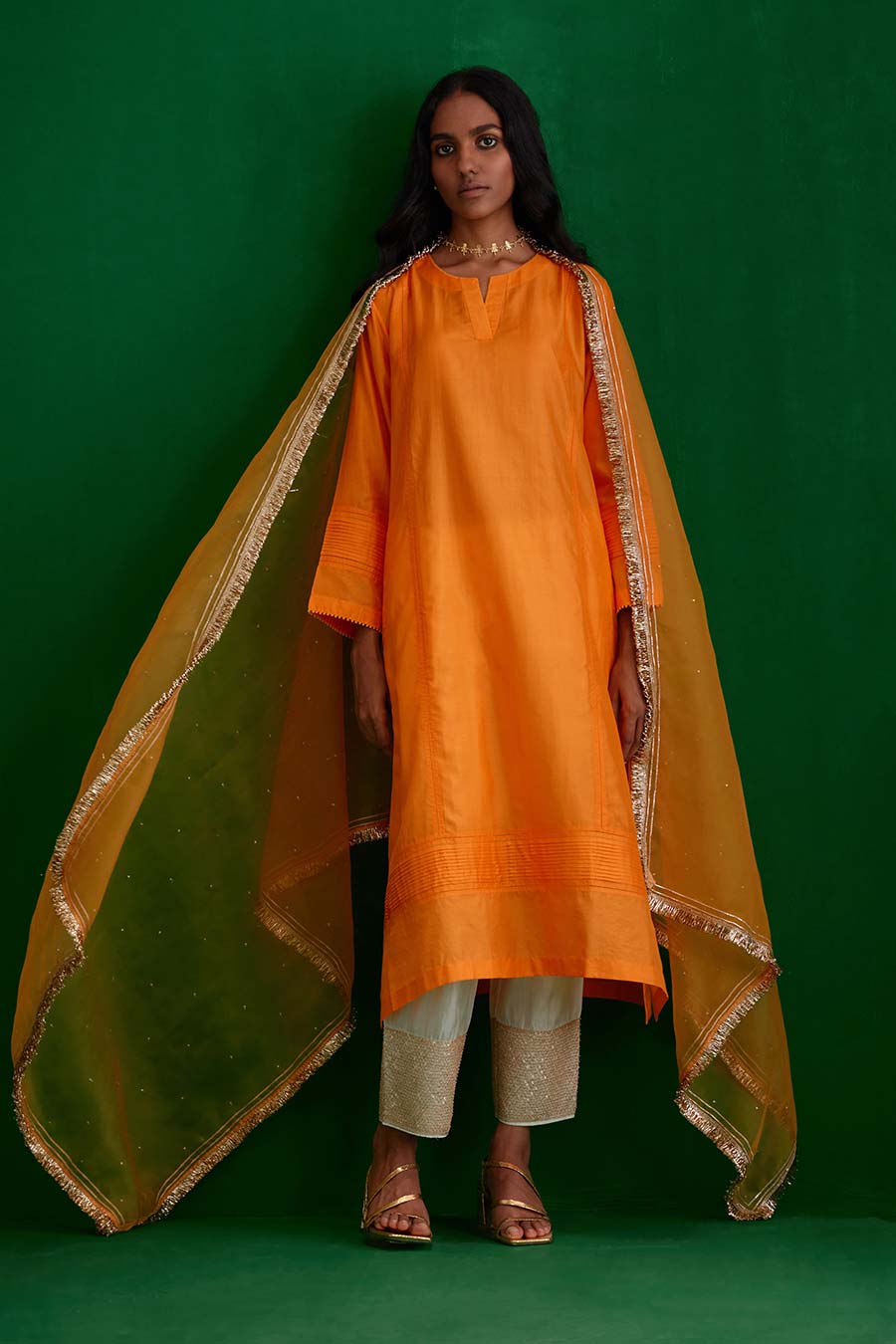 Marigold Silk Organza Embroidered Dupatta