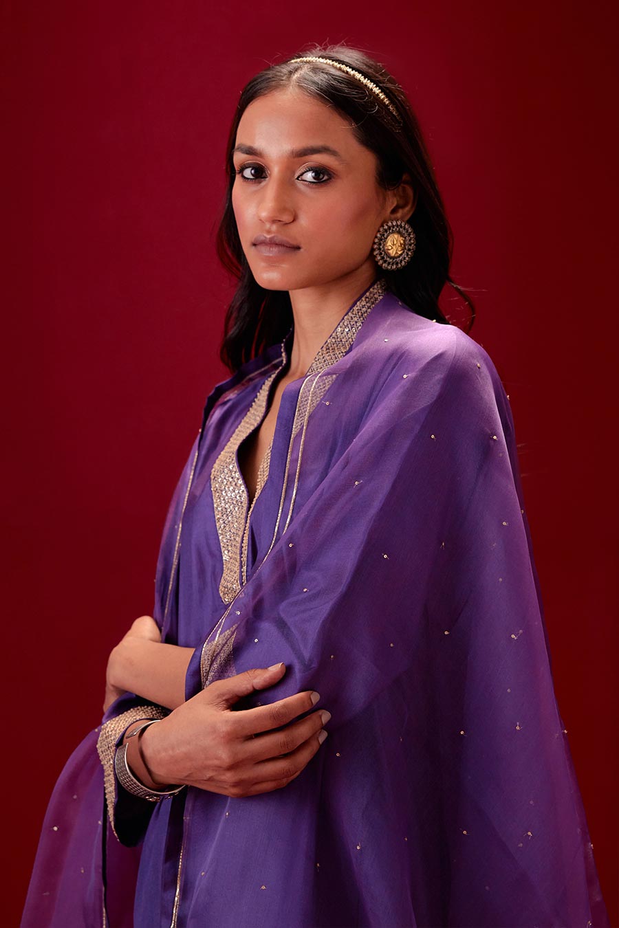 Grape Silk Organza Embroidered Dupatta