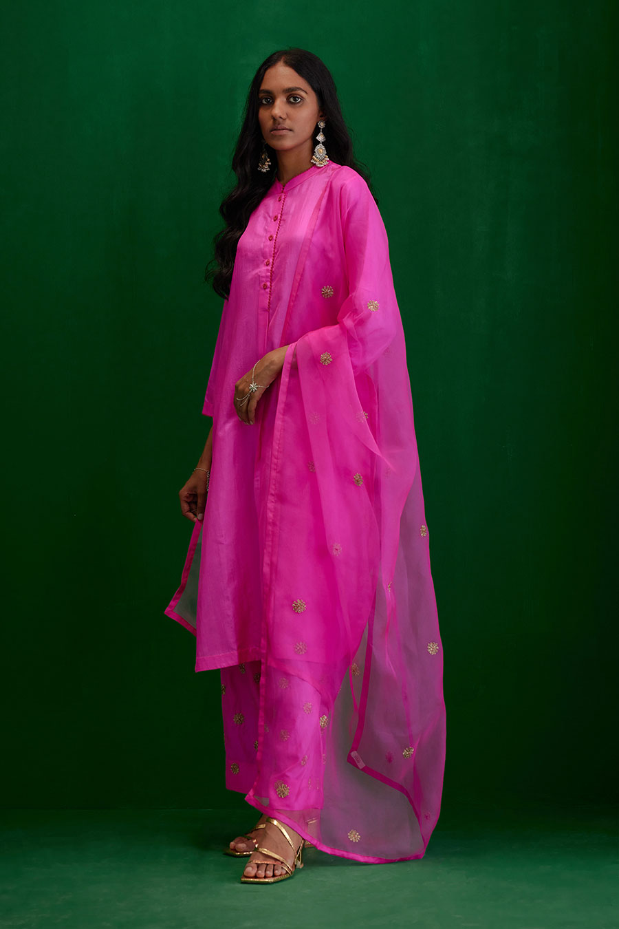 Rose Pink Silk Organza Embroidered Dupatta