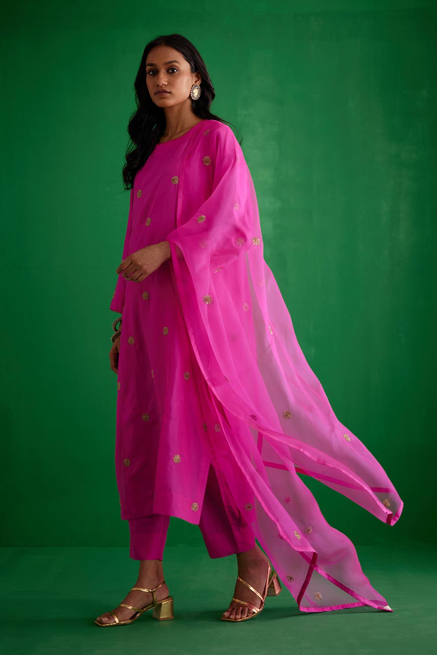 Rose Pink Silk Organza Embroidered Dupatta