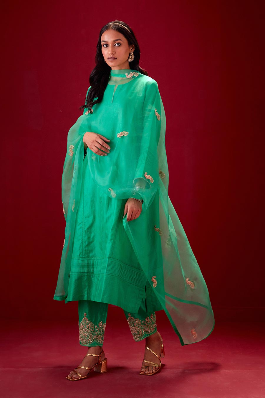 Emerald Green Silk Organza Embroidered Dupatta