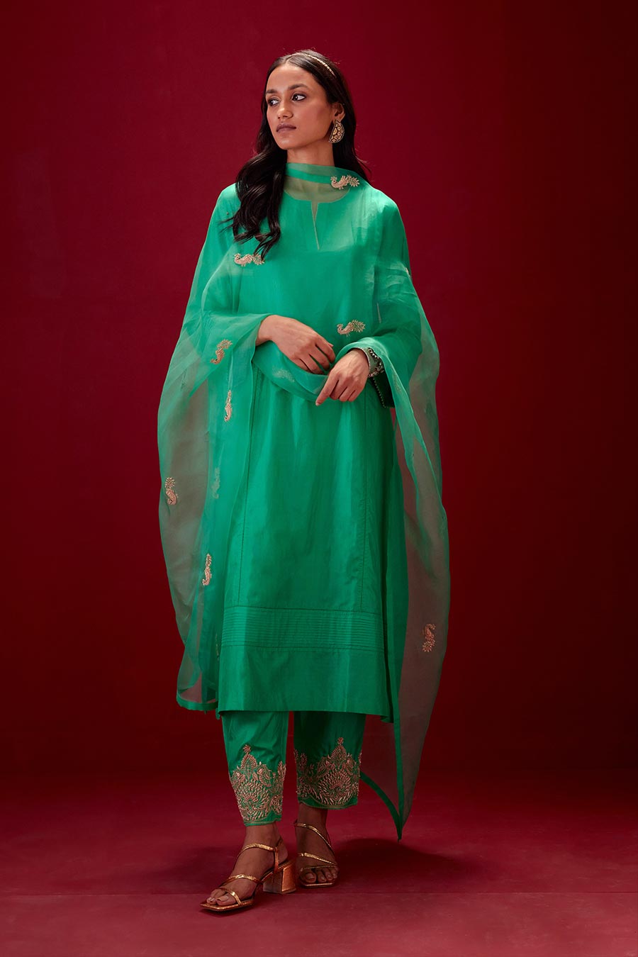 Emerald Green Silk Organza Embroidered Dupatta