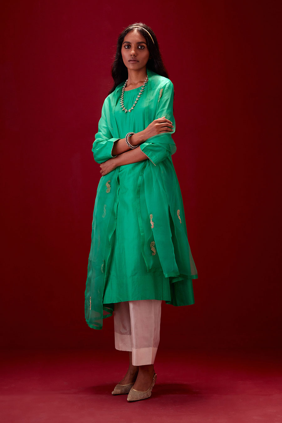 Emerald Green Silk Organza Embroidered Dupatta