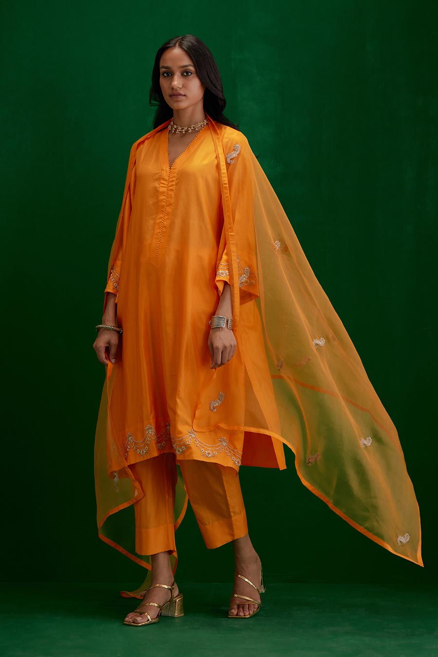 Marigold Silk Organza Embroidered Dupatta