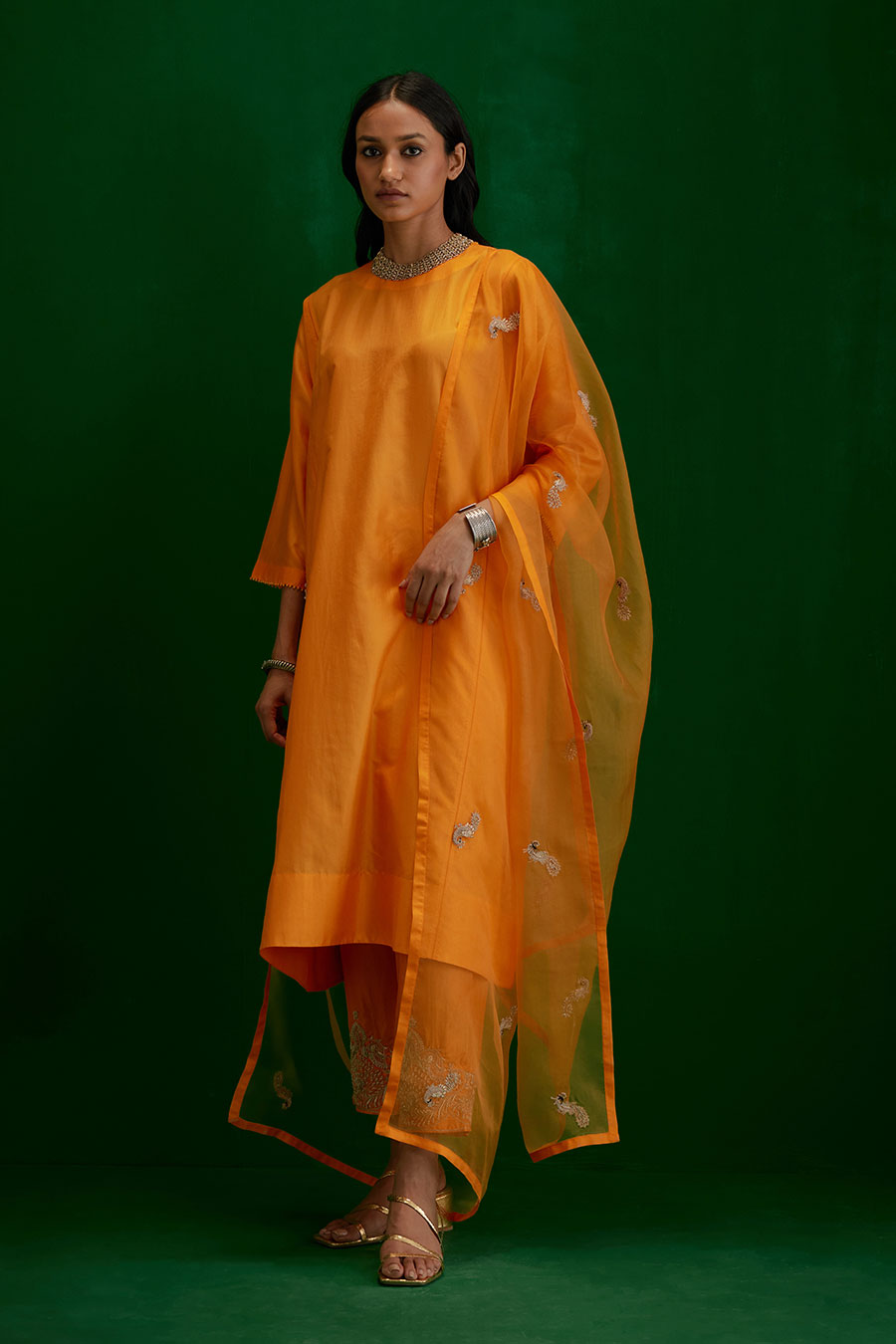 Marigold Silk Organza Embroidered Dupatta