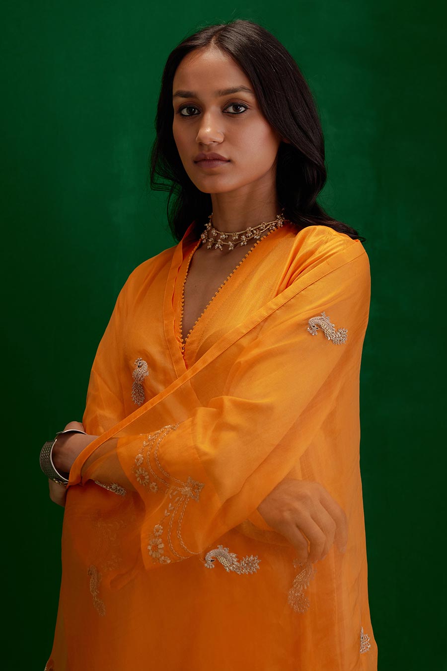 Marigold Silk Organza Embroidered Dupatta