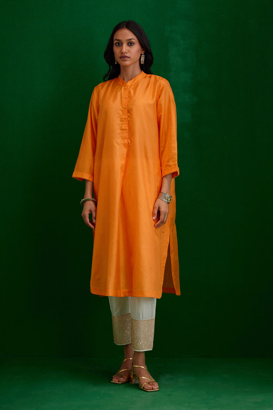 Marigold Silk Embroidered Kurta & Pant Set