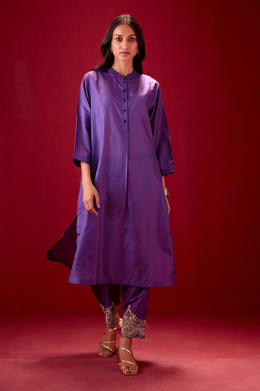 Grape Silk Embroidered Kurta & Pant Set