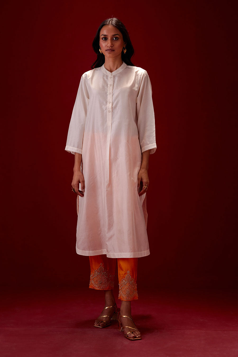 Ivory Silk Embroidered Kurta & Pant Set