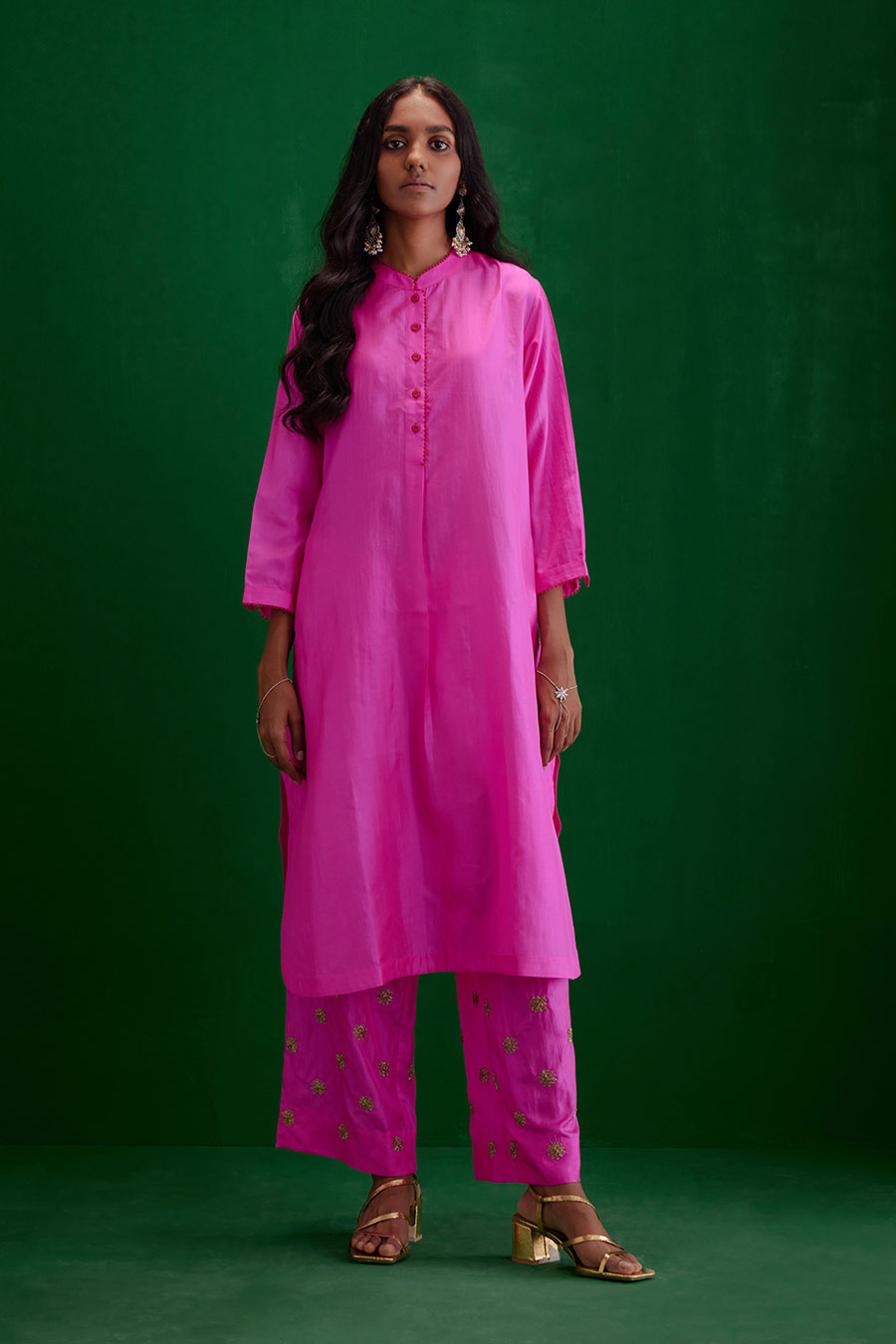 Rose Pink Silk Embroidered Kurta & Pant Set