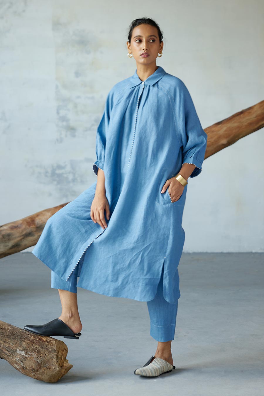 Blue Linen Kurta Set