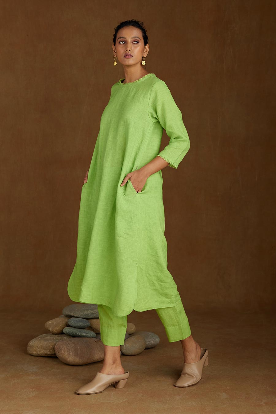 Green Linen Kurta Set