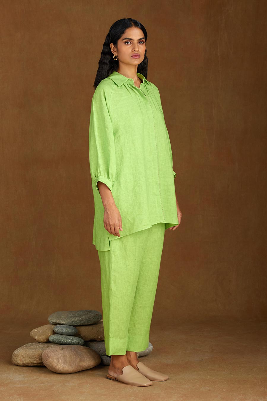 Green Linen Kurta Set