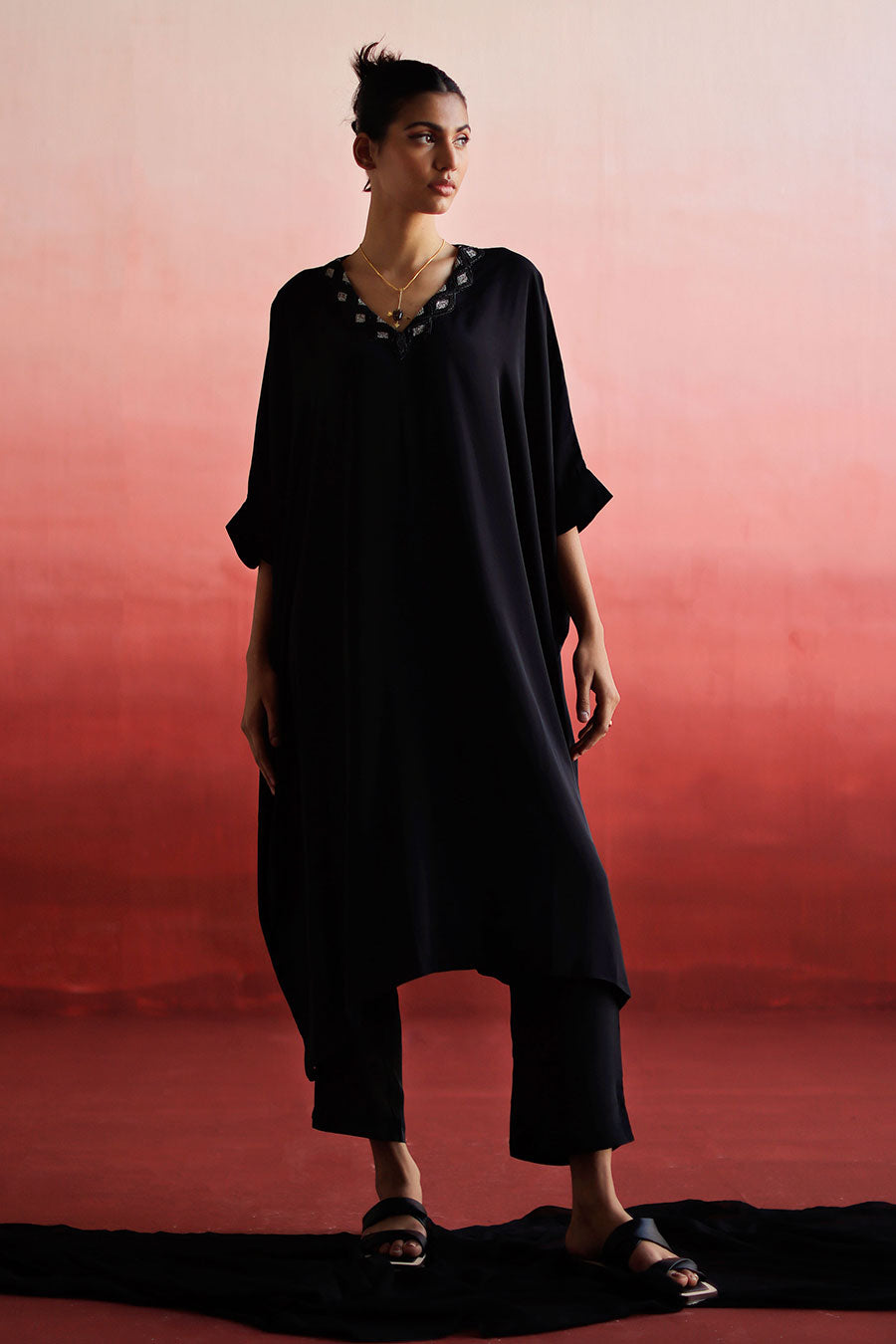 Black Embroidered Long Kaftan & Pant Set